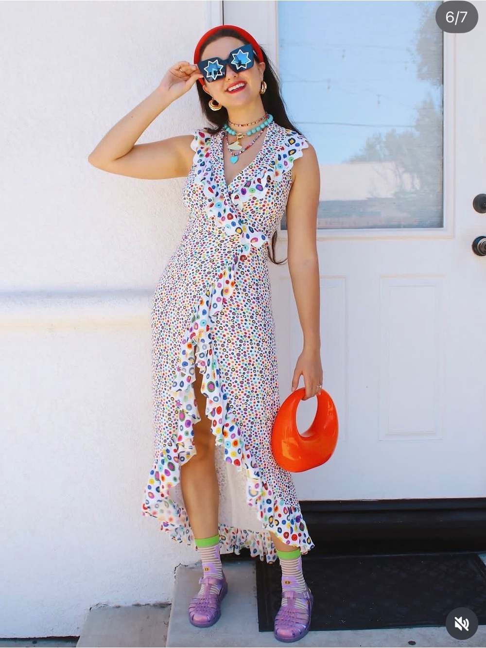 CELIAB White Multicolor Polka Dot Ruffle Wrap Dress
